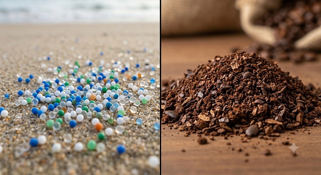 Foto perbandingan makro: kiri microbeads plastik biru, kanan bubuk kopi organik coklat alami