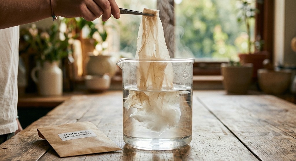 Demonstrasi cassava bag terurai di air panas: tangan mencelupkan kantong singkong bening ke gelas beaker berisi air dengan uap, di samping amplop bertuliskan Cassava Bag Biodegradable